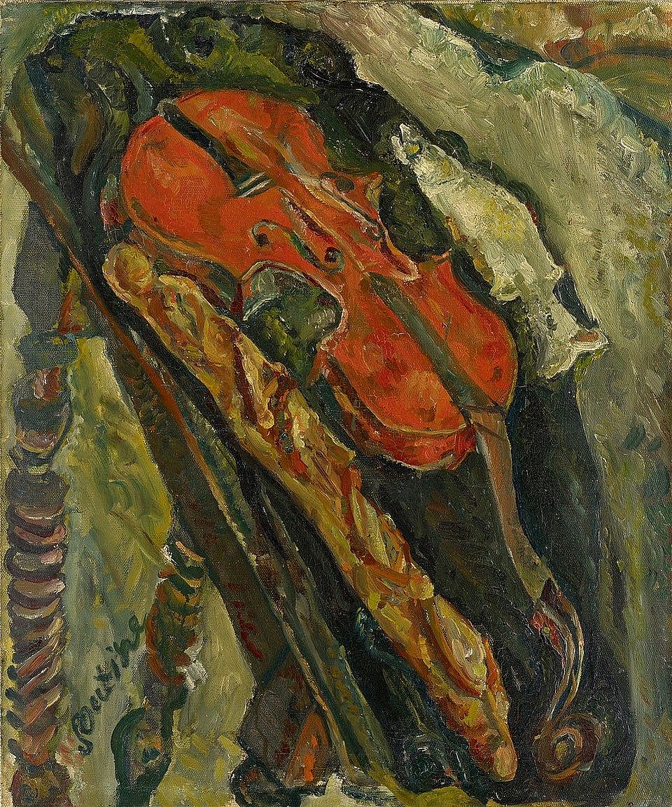 Chaïm Soutine, Nature morte au violon, pain et poisson, um 1922, Öl auf Leinwand, 65 x 54 cm, Basel, Stiftung im Obersteg, Depositum Kunstmuseum Basel. 